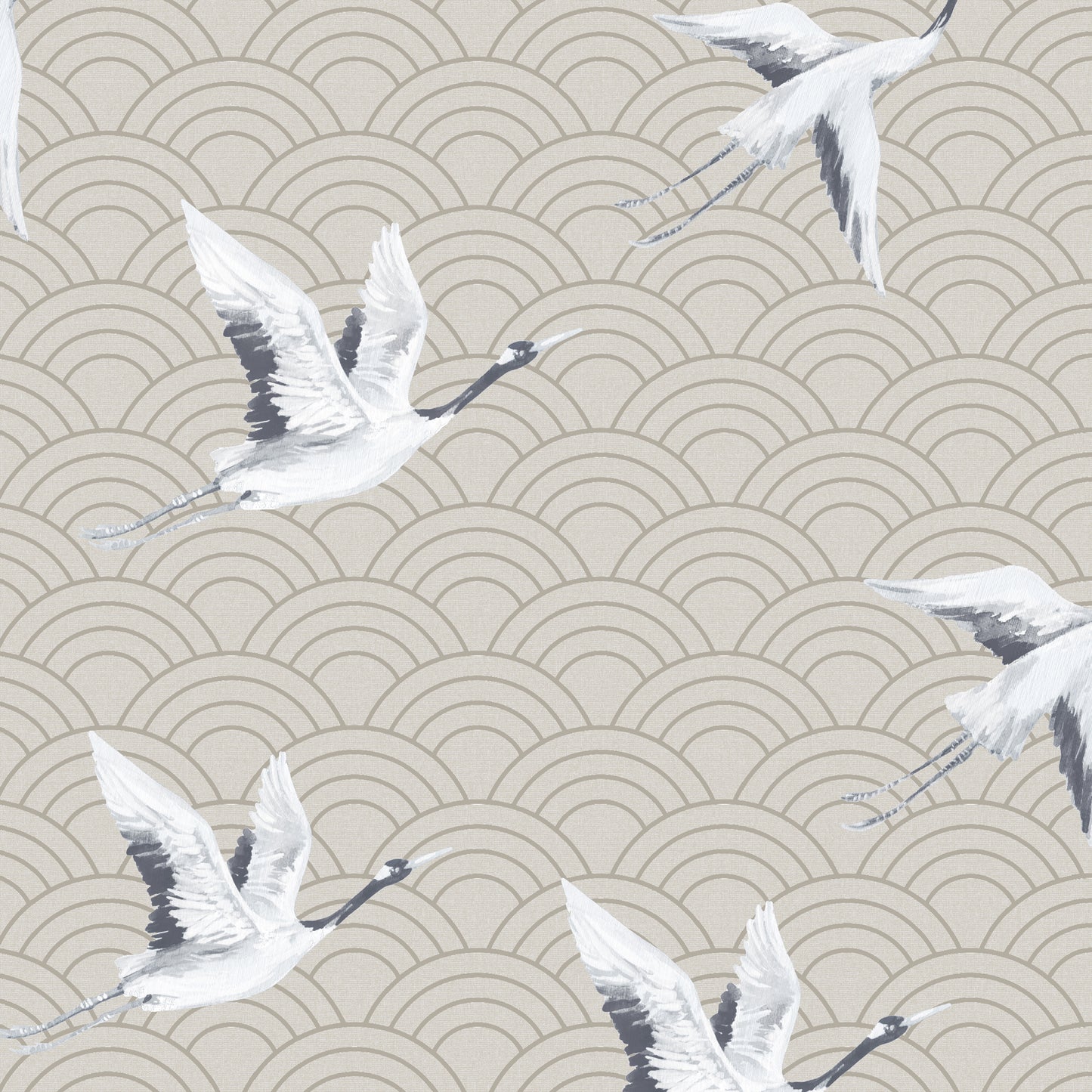 Beige wallpaper with repeating wave pattern and white cranes in flight, elegant nature-inspired seigaiha print.