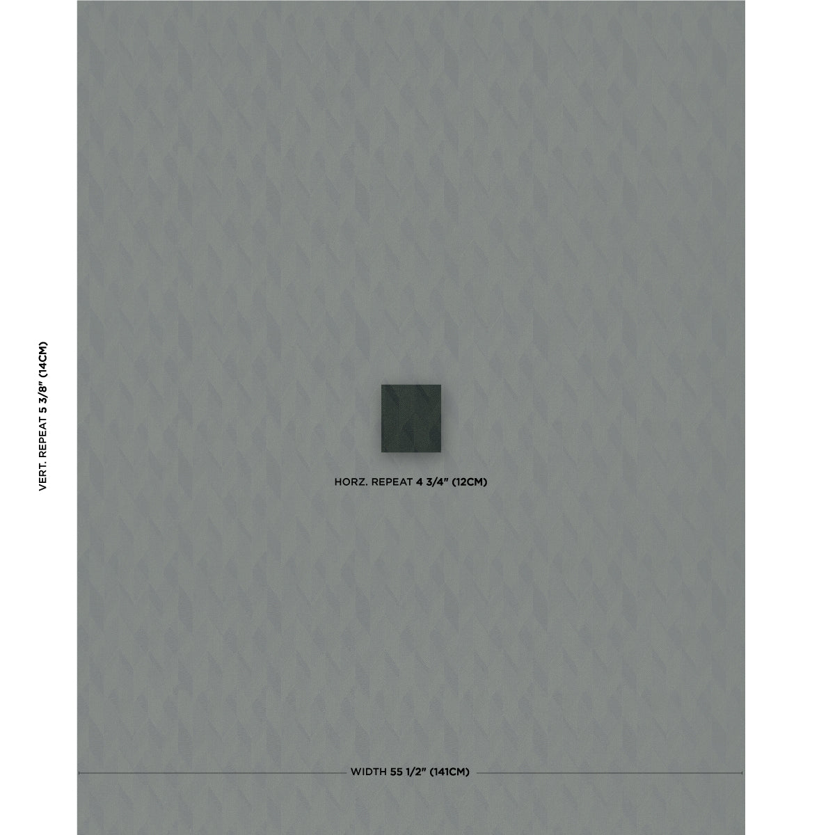 Grey wallpaper swatch with subtle geometric chevron pattern; centered dark motif tile; shows horizontal and vertical repeats.
