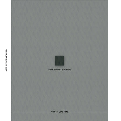 Grey wallpaper swatch with subtle geometric chevron pattern; centered dark motif tile; shows horizontal and vertical repeats.