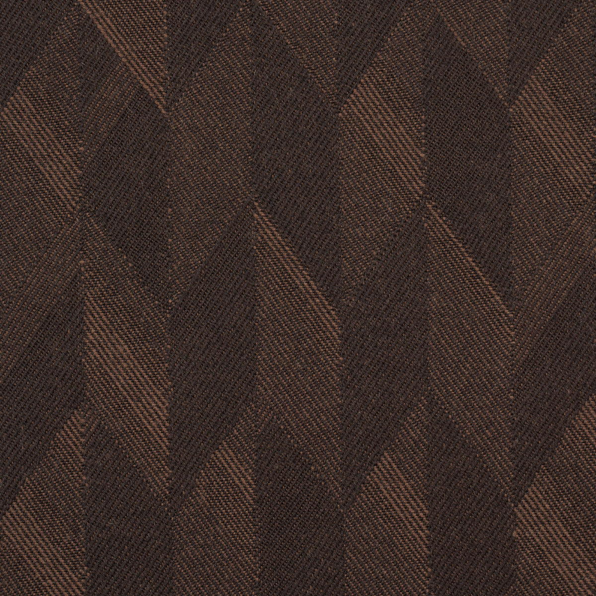 Brown geometric chevron pattern fabric with textured woven tweed-like surface in rich earthy tones.