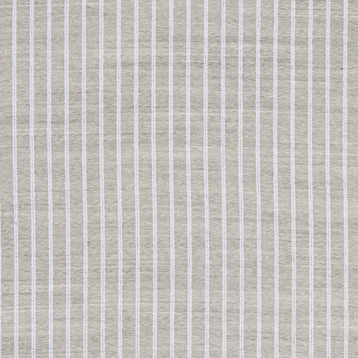 Beige linen-like fabric with narrow white vertical stripes, soft textured textile for curtains or upholstery.