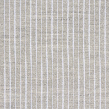 Beige linen-like fabric with narrow white vertical stripes, soft textured textile for curtains or upholstery.