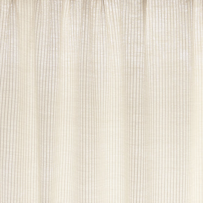Cream pleated fabric with fine vertical stripes; lightweight curtain material with soft texture.