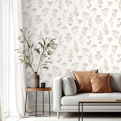 Silver metallic botanical wallpaper — hand‑drawn sketch foliage motif, luminous finish, non‑woven paste‑the‑wall for easy installation and removal, ideal for accent walls in elegant interiors