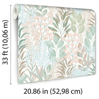 Veer Decor Serene Meadow Aqua Blue and Green on White Ground Wallpaper Floral Transitional Teal  Wallpaper - 8195-AD1