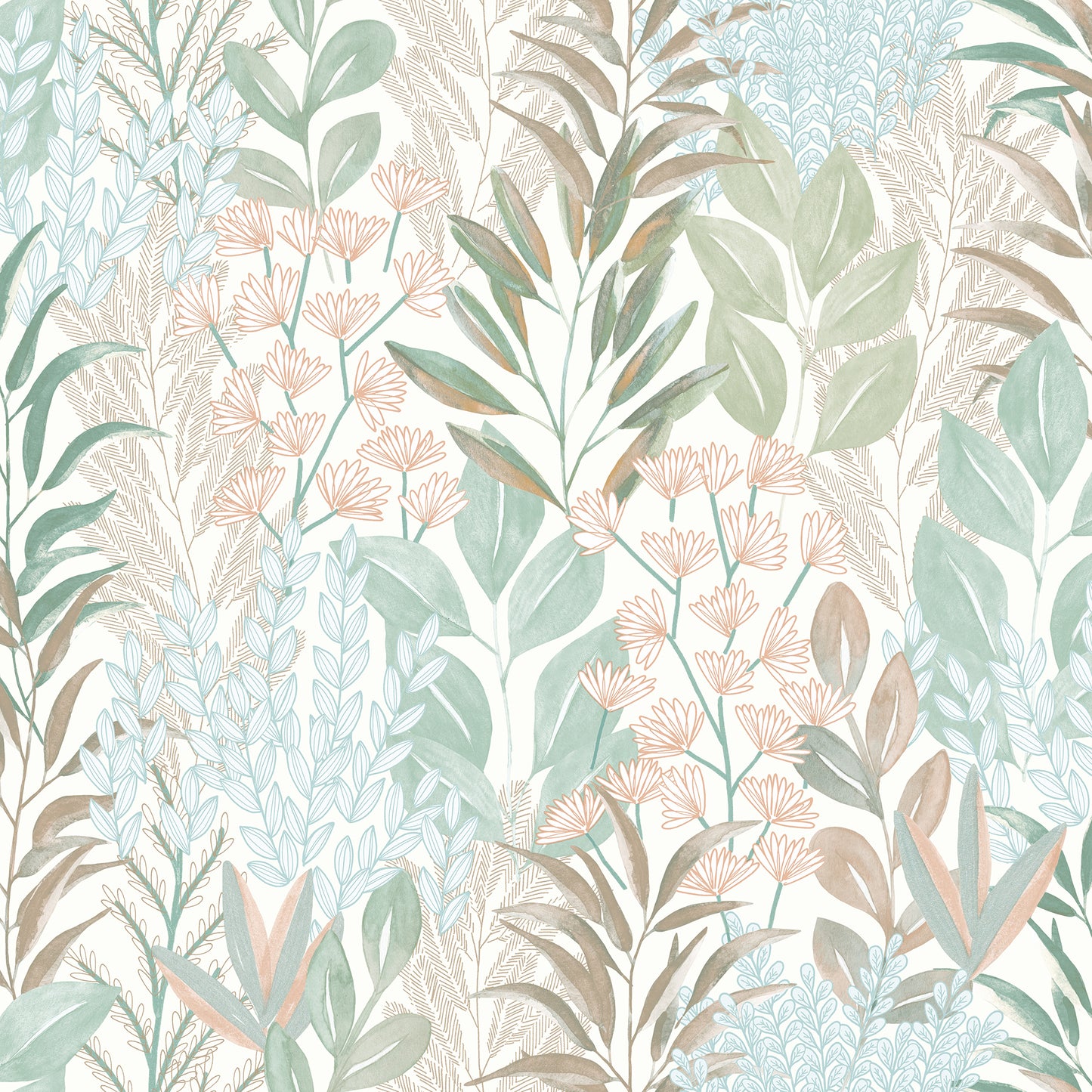 Veer Decor Serene Meadow Aqua Blue and Green on White Ground Wallpaper Floral Transitional Teal  Wallpaper - 8195-AD1