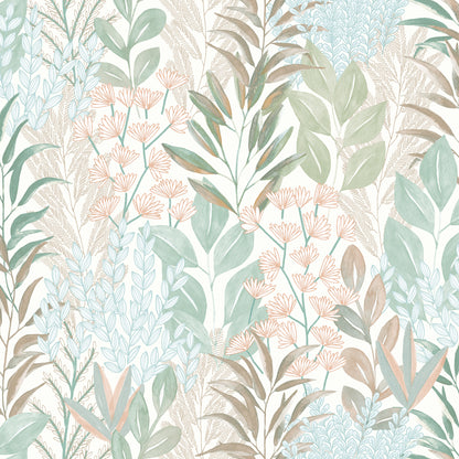 Veer Decor Serene Meadow Aqua Blue and Green on White Ground Wallpaper Floral Transitional Teal  Wallpaper - 8195-AD1