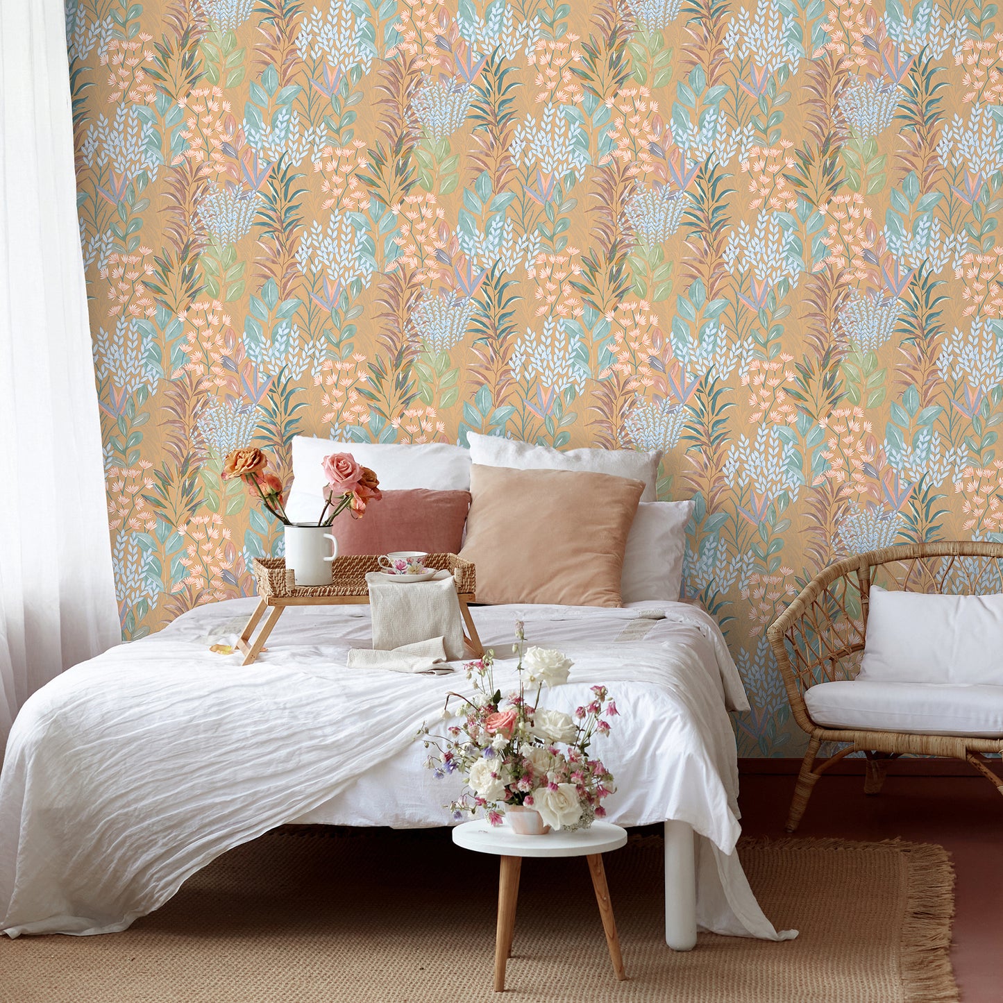 Veer Decor Serene Meadow Burnt Orange Ground Wallpaper Floral Transitional Orange  Wallpaper - 8195-AD2