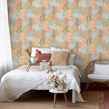 Veer Decor Serene Meadow Burnt Orange Ground Wallpaper Floral Transitional Orange  Wallpaper - 8195-AD2