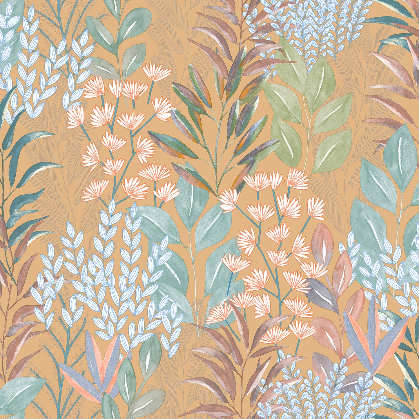 Veer Decor Serene Meadow Burnt Orange Ground Wallpaper Floral Transitional Orange  Wallpaper - 8195-AD2