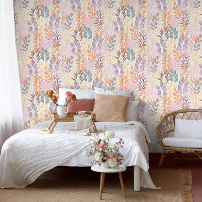 Veer Decor Serene Meadow Orange and Purple on White Ground Wallpaper Floral Transitional Purple  Wallpaper - 8195-AD4