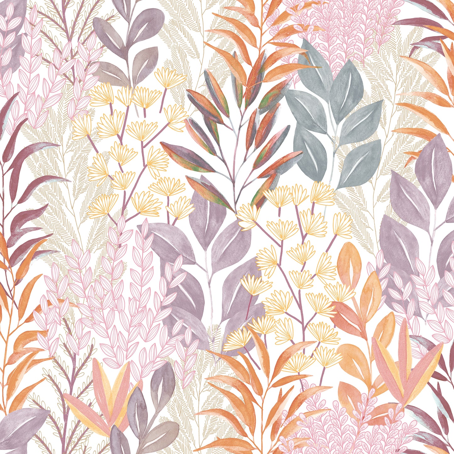 Veer Decor Serene Meadow Orange and Purple on White Ground Wallpaper Floral Transitional Purple  Wallpaper - 8195-AD4
