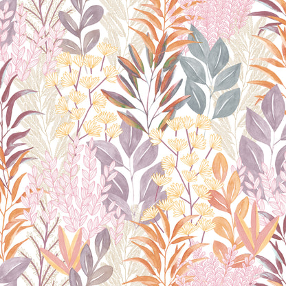 Veer Decor Serene Meadow Orange and Purple on White Ground Wallpaper Floral Transitional Purple  Wallpaper - 8195-AD4