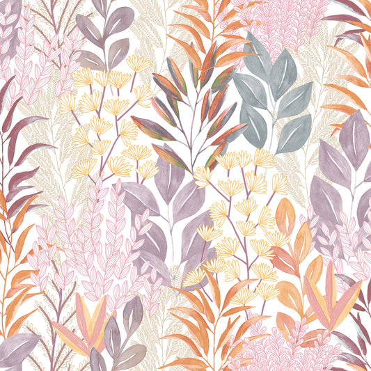 Veer Decor Serene Meadow Orange and Purple on White Ground Wallpaper Floral Transitional Purple  Wallpaper - 8195-AD4