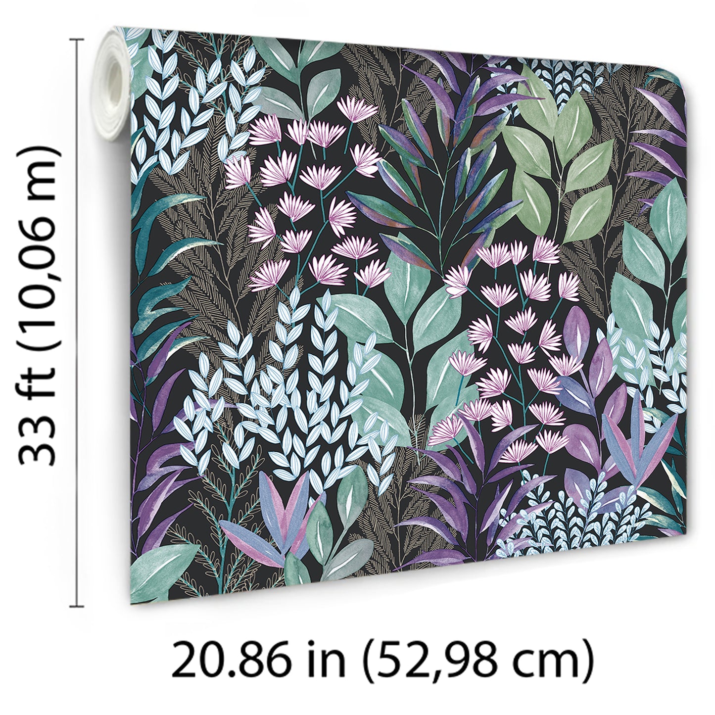 Veer Decor Serene Meadow Green and Purple on Black Ground Wallpaper Floral Transitional Black  Wallpaper - 8195-AD5