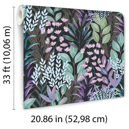 Veer Decor Serene Meadow Green and Purple on Black Ground Wallpaper Floral Transitional Black  Wallpaper - 8195-AD5