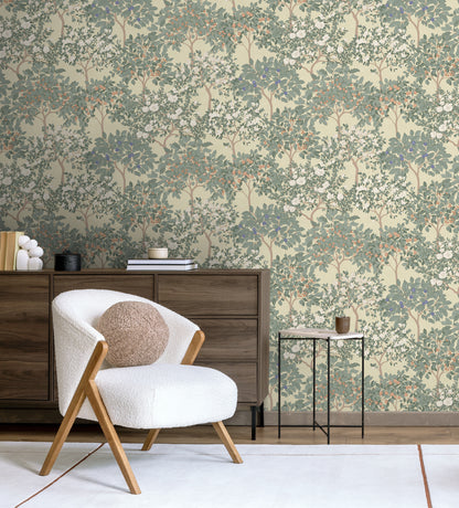 Veer Decor Arbor Serenade wallpaper in green and yellow – botanical tree and leaf pattern, non‑woven unpasted, matte finish, seamless alignment, perfect for accent walls in traditional or transitional interiors