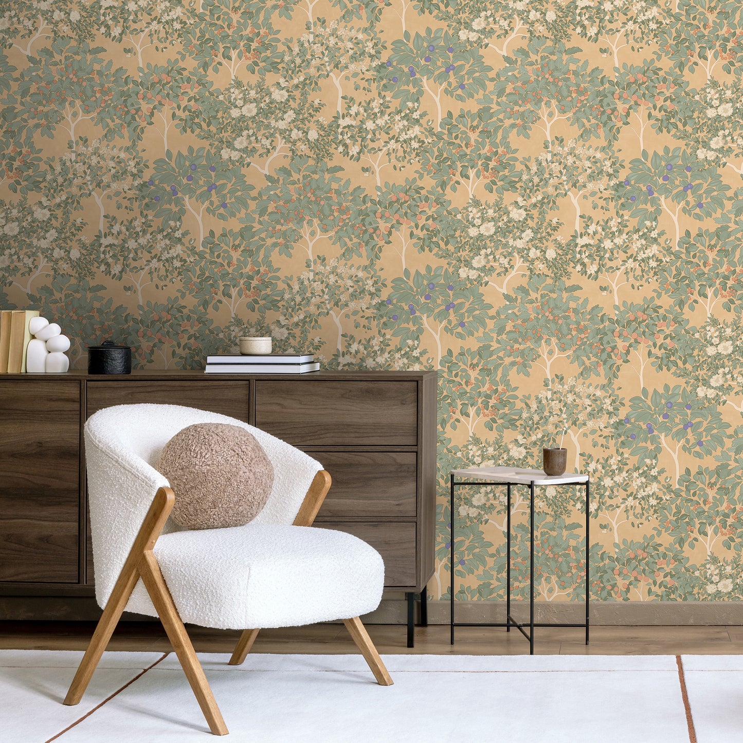 Veer Decor Arbor Serenade Green on Orange Wallpaper Nature Traditional, Transitional Orange  Wallpaper - 8195-AF3