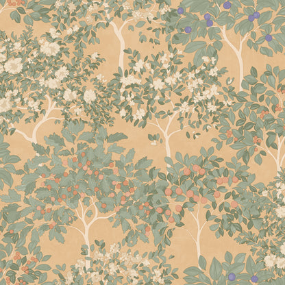 Veer Decor Arbor Serenade Green on Orange Wallpaper Nature Traditional, Transitional Orange  Wallpaper - 8195-AF3