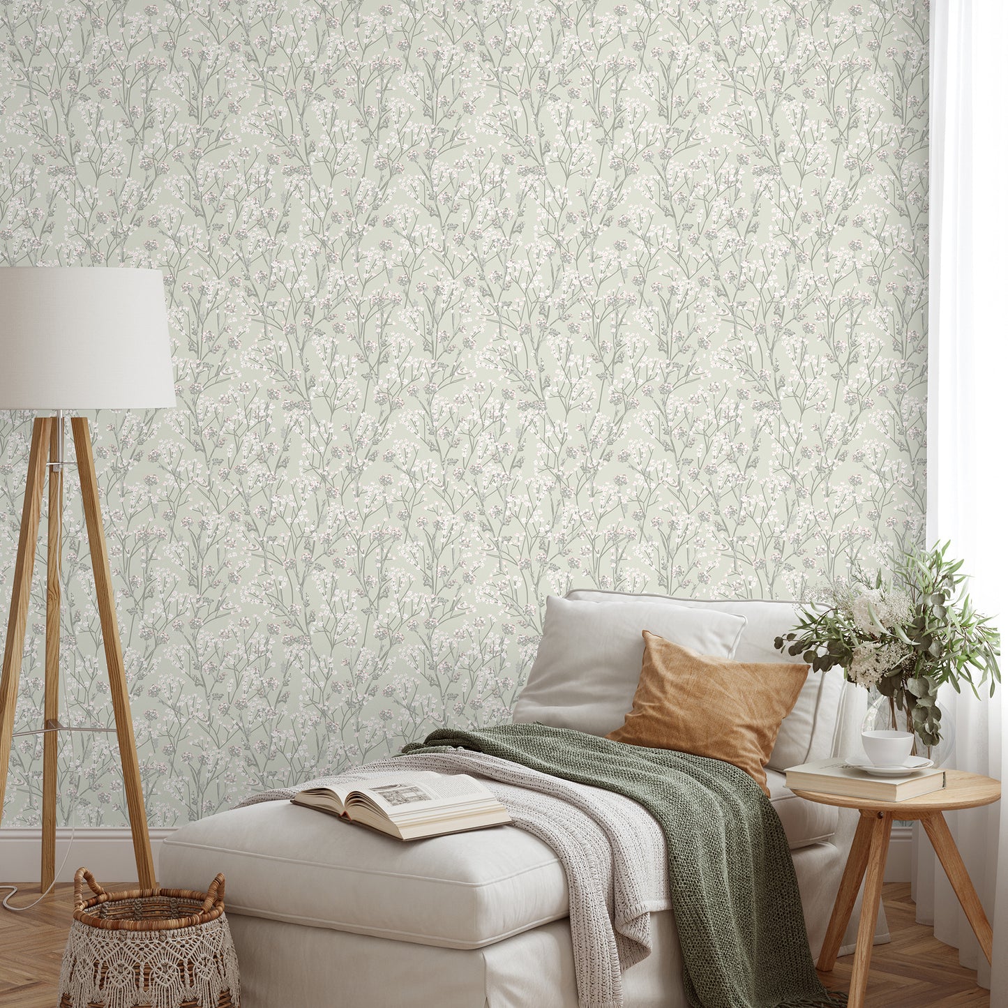 Veer Decor Blossom Branches Grey Green Wallpaper Floral Traditional, Transitional Green  Wallpaper - 8195-AG4