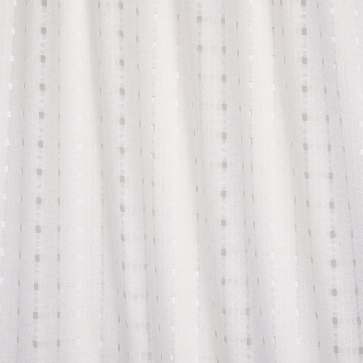 White sheer fabric with vertical dotted stripe pattern, lightweight curtain or dress material.
