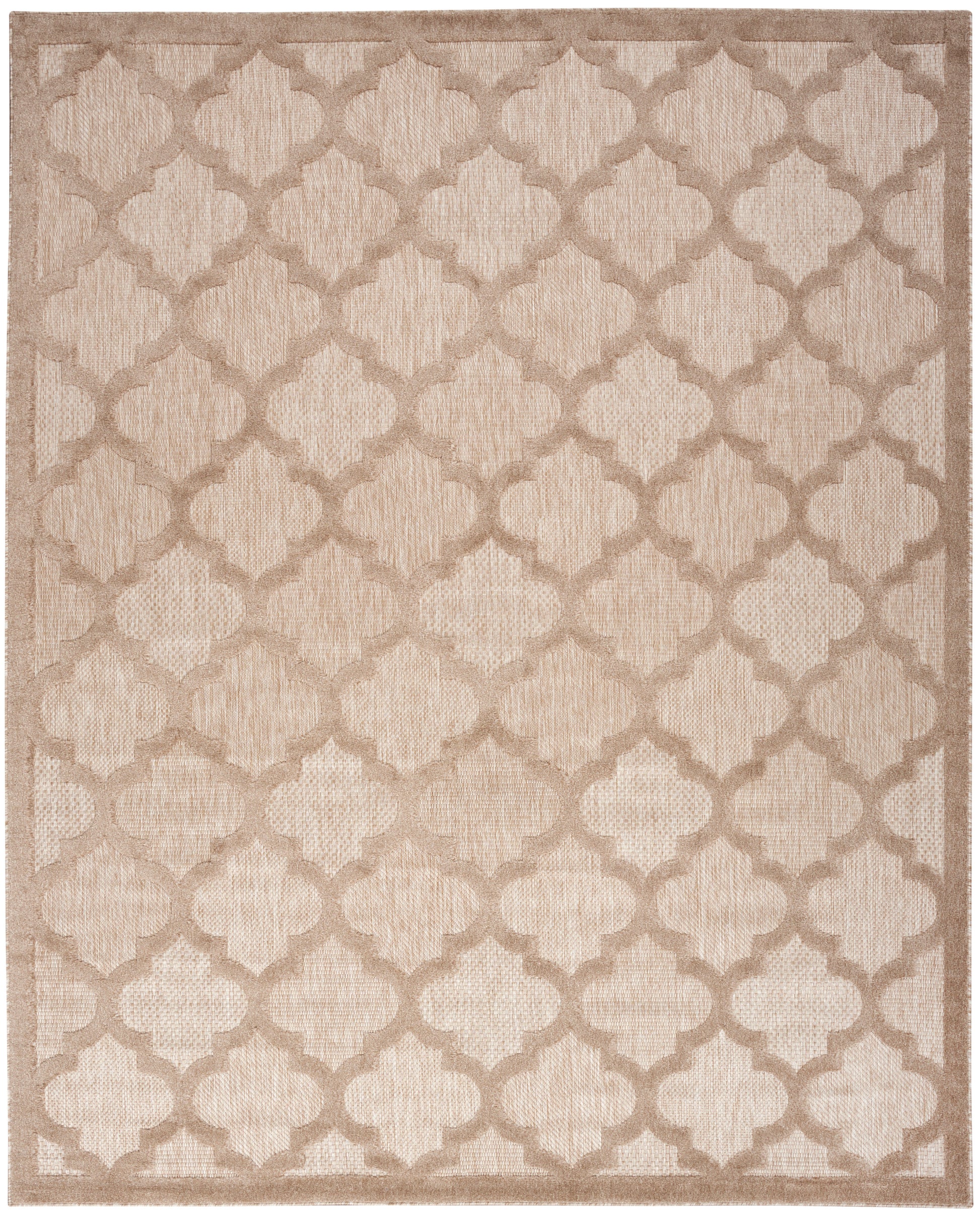 Cream-beige area rug with a taupe trellis pattern and matching border; softly woven texture.
