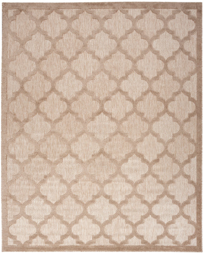 Cream-beige area rug with a taupe trellis pattern and matching border; softly woven texture.