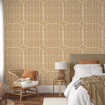 Veer Decor Lattice Rattan Panels Mustard Wallpaper Architecture Architectural, Novelty, Traditional, Tropical Mustard  Wallpaper - 8196-AH1