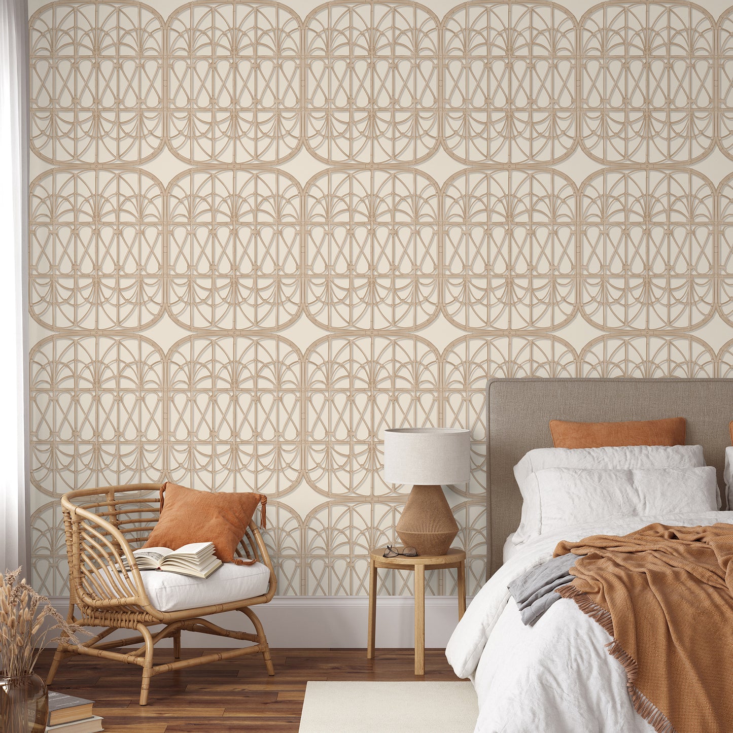 Veer Decor Lattice Rattan Panels Beige Wallpaper Architecture Architectural, Novelty, Traditional, Tropical Beige  Wallpaper - 8196-AH2