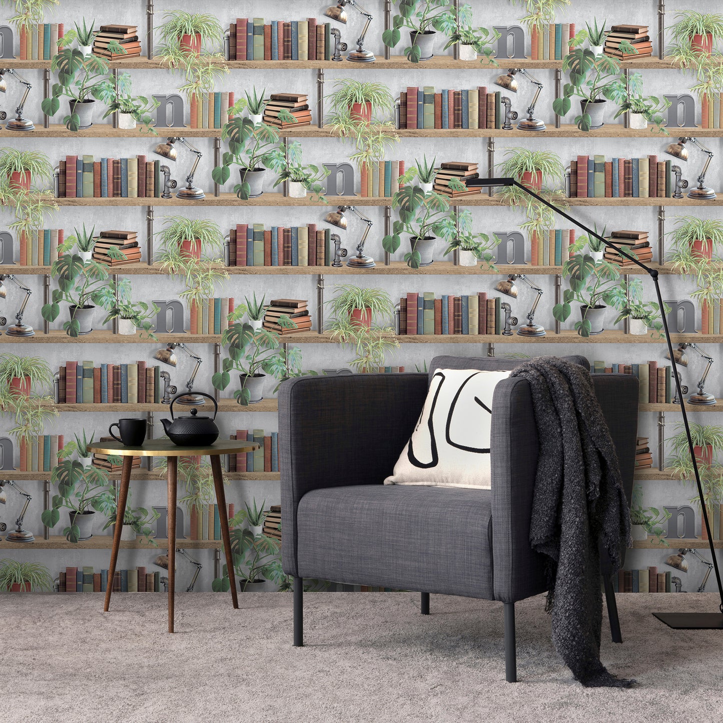 Veer Decor Industrial Book Nook Grey Wallpaper Novelty Novelty Gray  Wallpaper - 8196-AK2