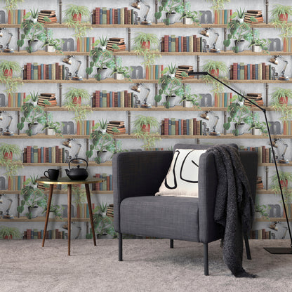 Veer Decor Industrial Book Nook Grey Wallpaper Novelty Novelty Gray  Wallpaper - 8196-AK2
