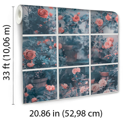 Veer Decor Rose Garden Window Trompe L'Oeil Blue Wallpaper Floral Novelty, Floral Blue  Wallpaper - 8196-AN1