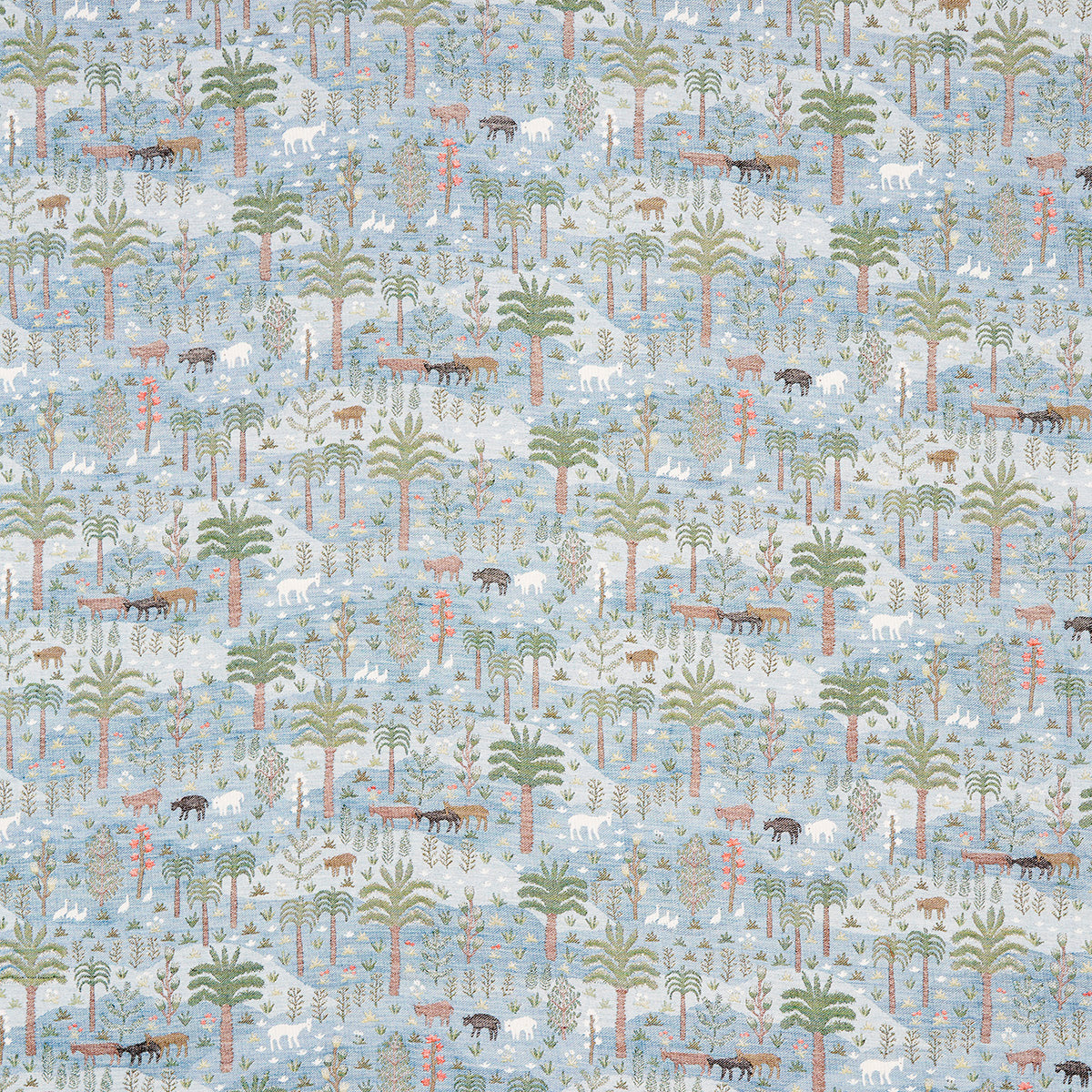 Pastel blue fabric print with repeating trees and small wildlife silhouettes in muted greens, browns, and whites.