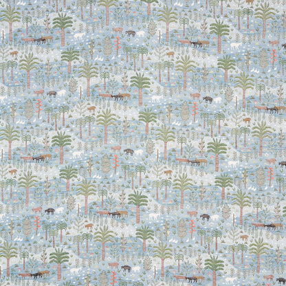 Pastel blue fabric print with repeating trees and small wildlife silhouettes in muted greens, browns, and whites.