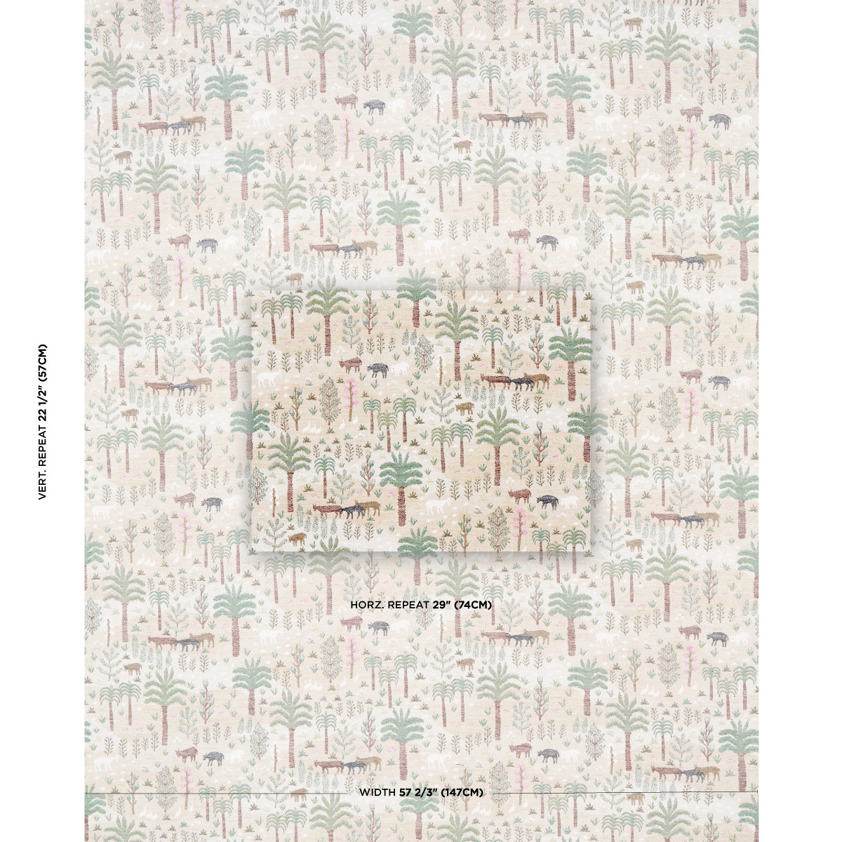 Cream wallpaper with a repeating woodland motif of stylized trees and tiny animals in muted greens, pinks and browns.