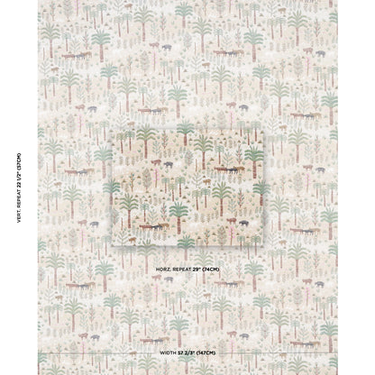 Cream wallpaper with a repeating woodland motif of stylized trees and tiny animals in muted greens, pinks and browns.