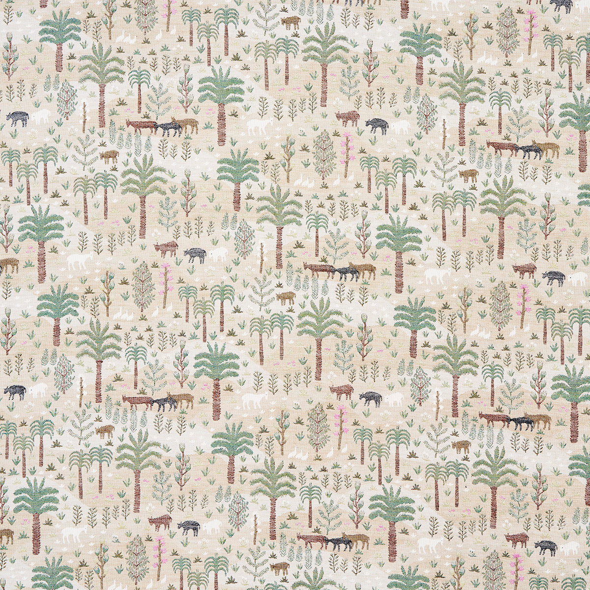 Pastel safari woodland fabric print with palm trees and small animals on beige background