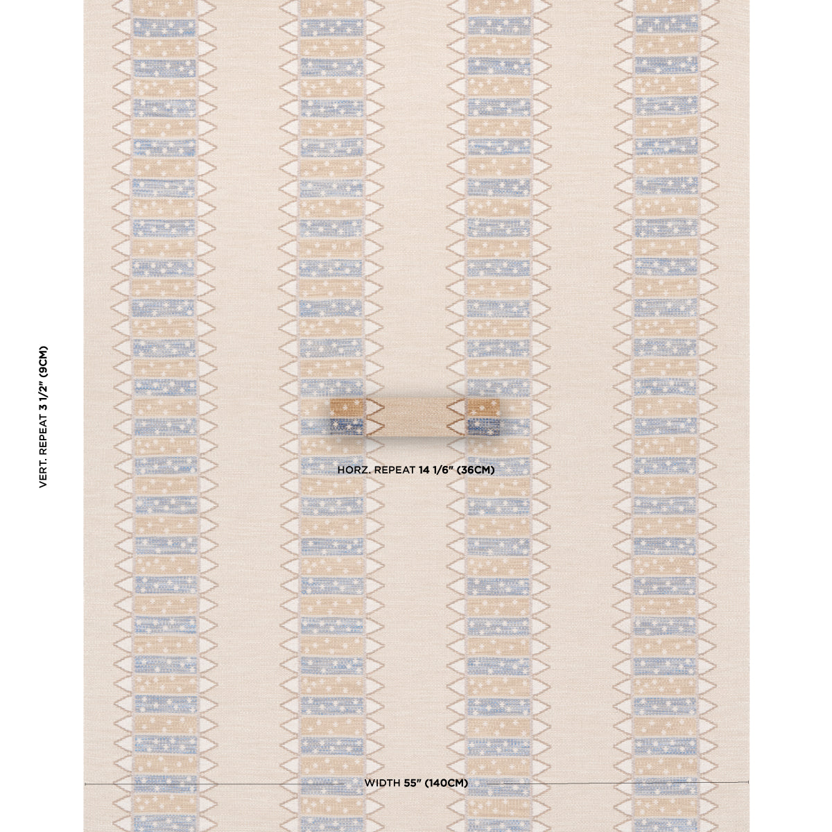 Beige flat-weave rug with vertical blue geometric blocks and triangle motifs; modern southwestern style.