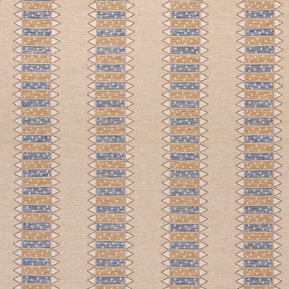 Beige woven textile with vertical stripes featuring brown zigzag borders and blue dotted tile‑like blocks.