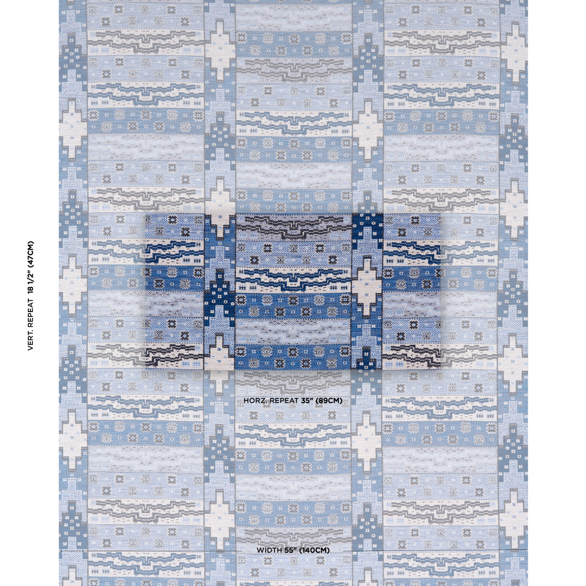 Blue and white geometric patterned rug with repeating cross motifs and wavy bands; soft contemporary floor decor.
