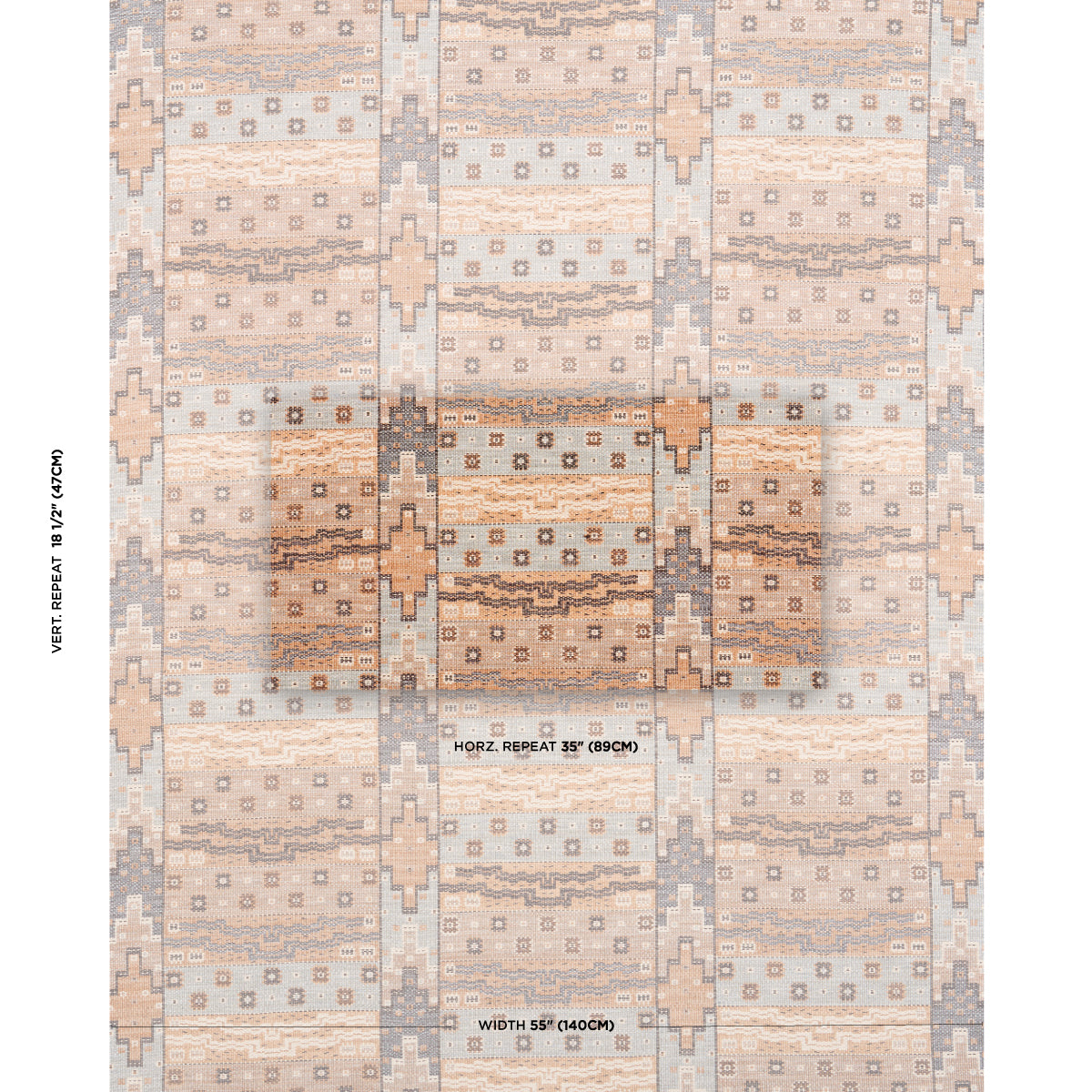 Geometric rug in peach, beige & gray with diamond and stripe motifs and repeating rectangles.