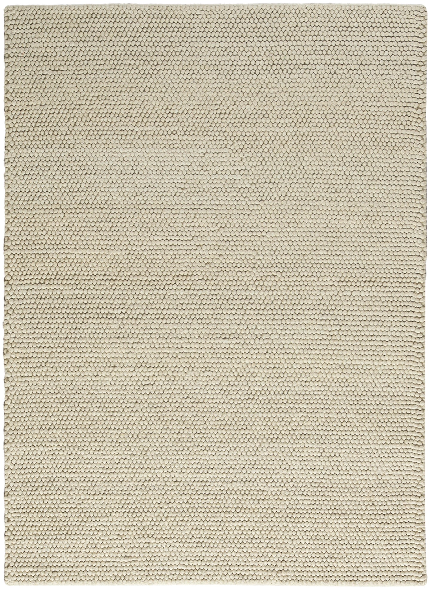 Beige textured rug close-up with tight loop pile; rectangular, minimalist home decor.