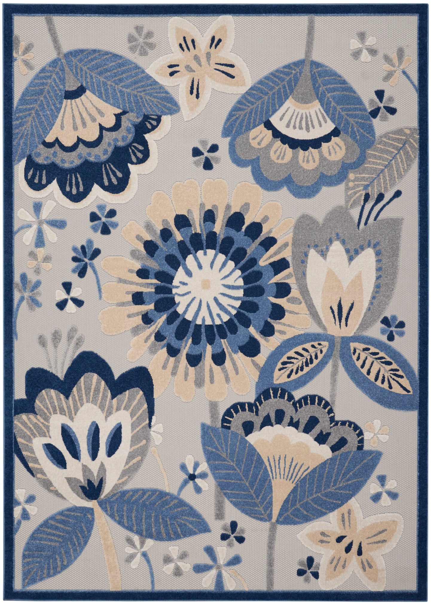 Blue and cream floral rug with large navy blooms, leaves and small flowers, bordered in dark blue.
