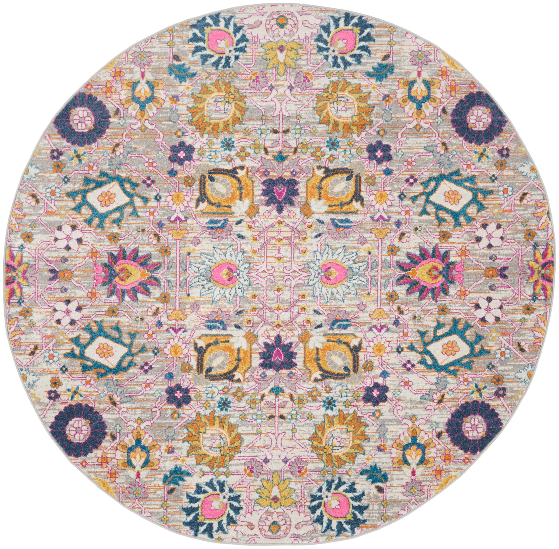 Round rug with pastel floral medallion in pink, teal and gold on ivory; woven texture, decorative floor accent.