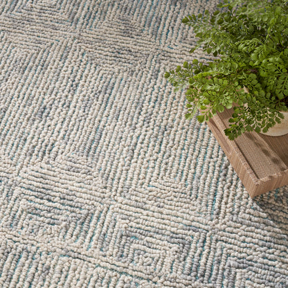 Beige textured loop rug with subtle blue geometric lines; a potted fern sits on a wooden tray beside it.