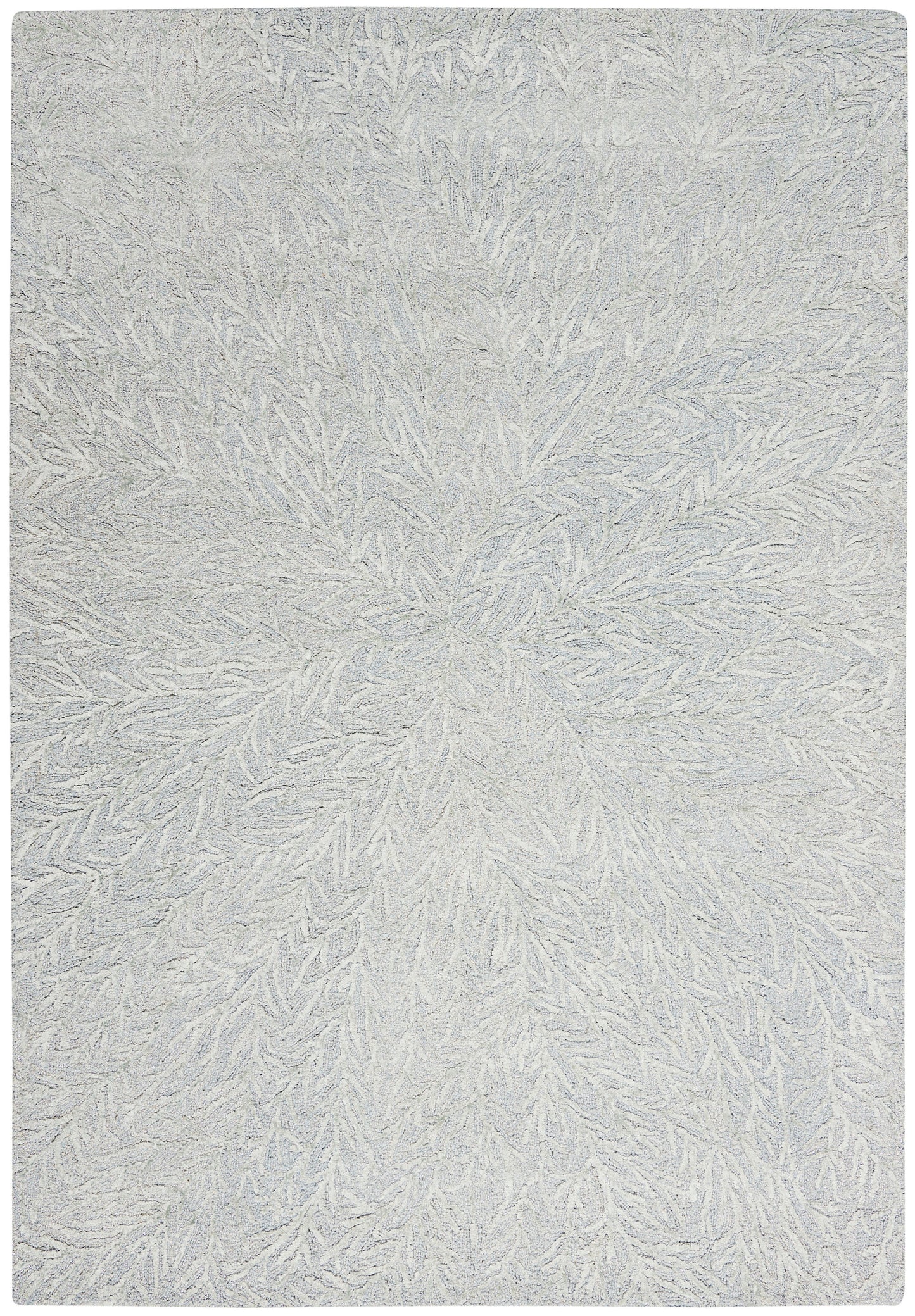 Rectangular light gray textured rug with plush pile and radiating leaf-like pattern.