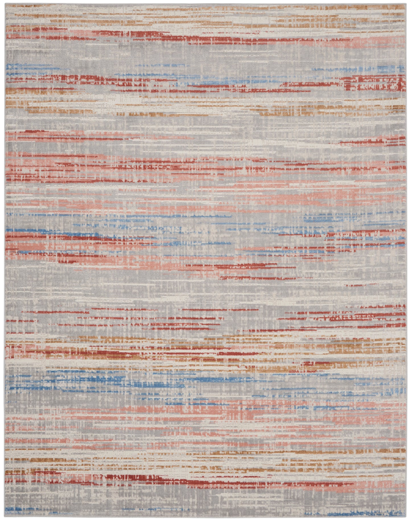 Abstract area rug with irregular horizontal stripes in orange, red and blue on a light gray background.