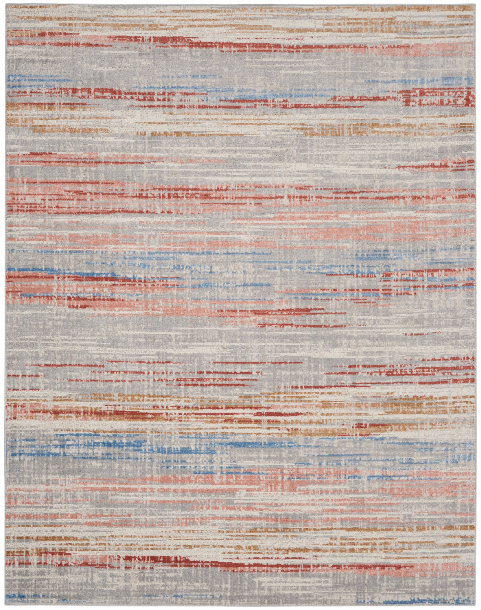 Abstract area rug with irregular horizontal stripes in orange, red and blue on a light gray background.