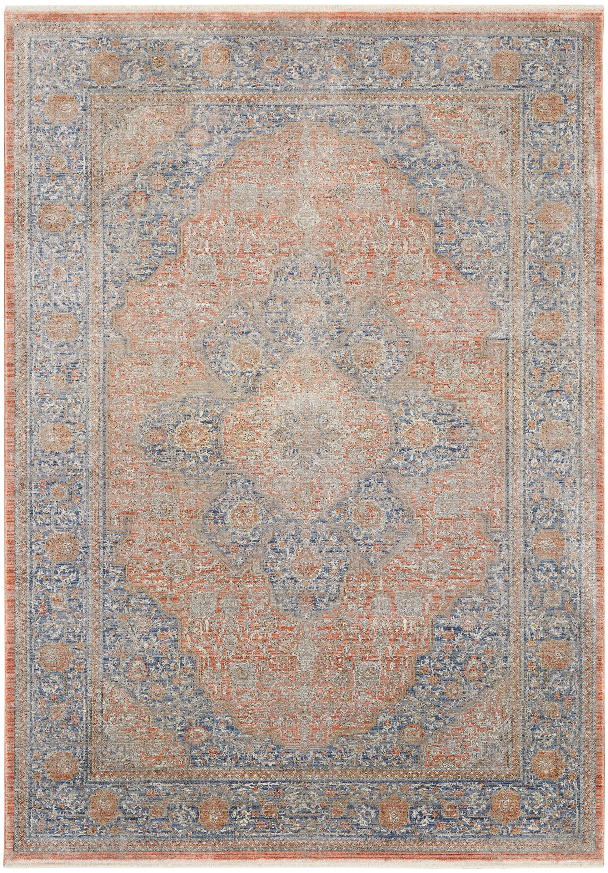 Persian-style area rug in coral and blue, with central medallion and ornate floral border, distressed vintage look.
