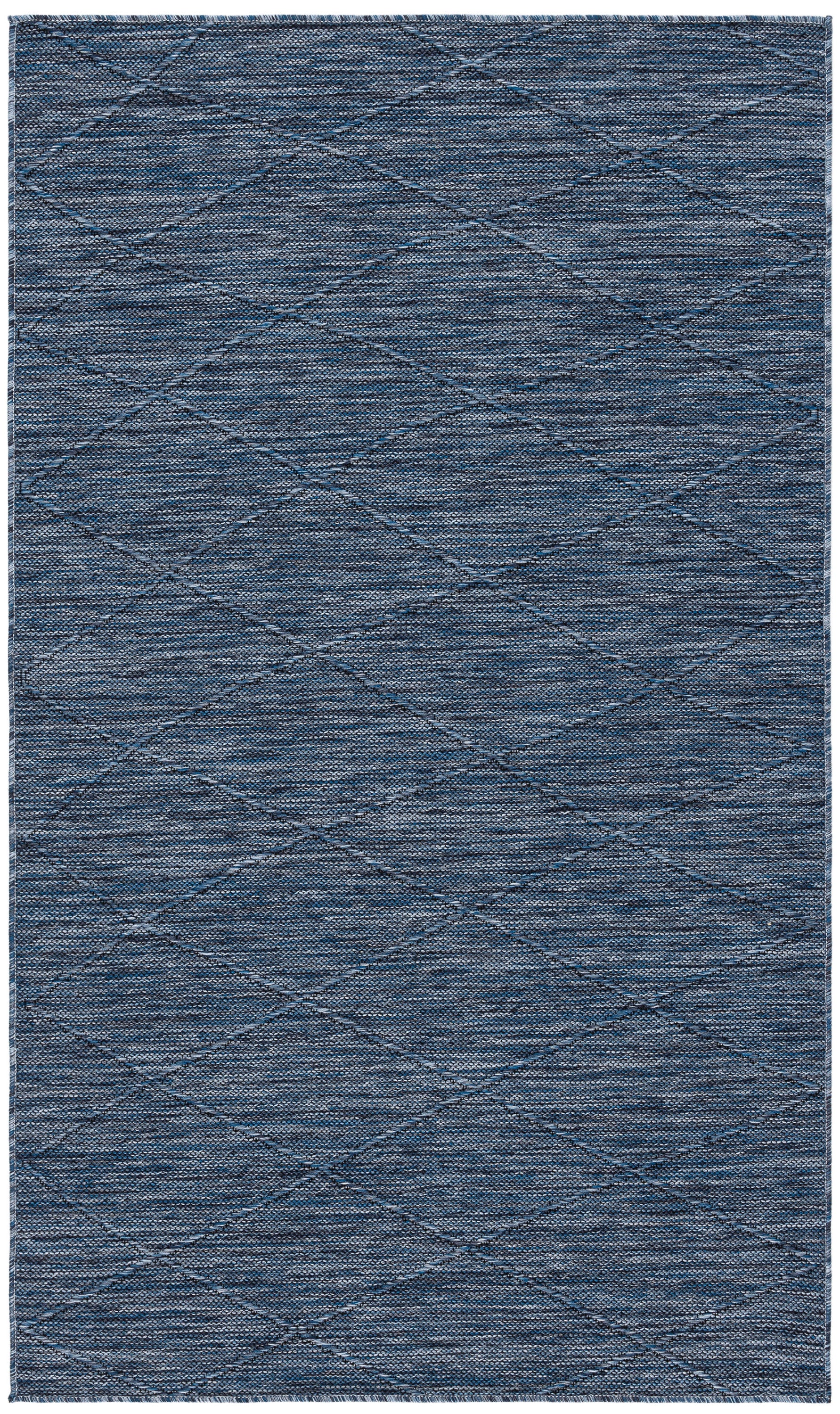 Rectangular denim blue area rug with a subtle diamond lattice pattern and soft woven texture.